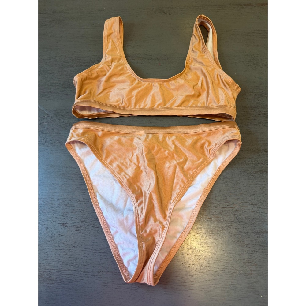 Fashion Nova Nude Metallic Bikini Set High Cut Scoop Neck Two Piece Large FN103
